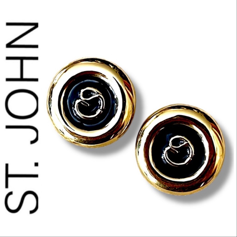 ST JOHN Gold Plated Black Enamel Signature Clip On Earrings Vintage 80s